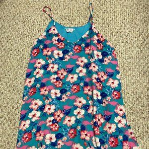 Small blue/pink/white flowy, floral and flamingo print dress